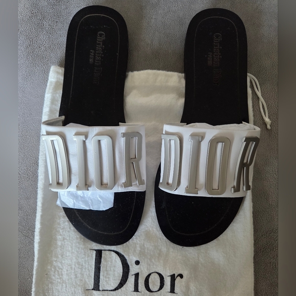 Dior Shoes - Christian Dior Diorevolution Slide Flat Sandal White Silver Metal Logo Size 8.5